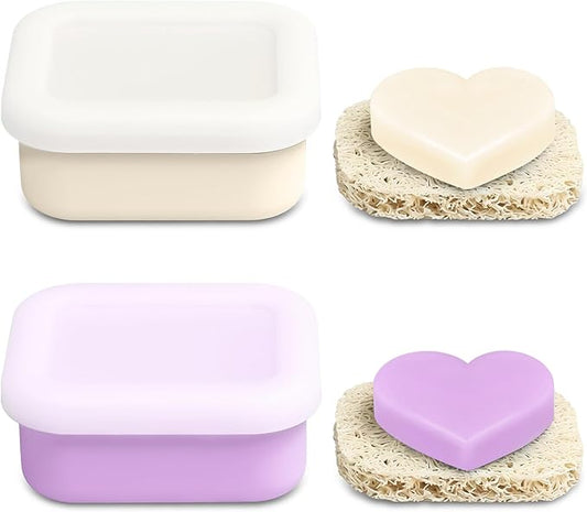 OTHIX 2 Pack Leakproof Silicone Travel Soap Case-Small Bar Soap Holder Container with Drainage Layer & Mini Portable Soap Dish for Shampoo Bars, Bathroom, Gym, Travel, Camping (Cream & Light Purple)