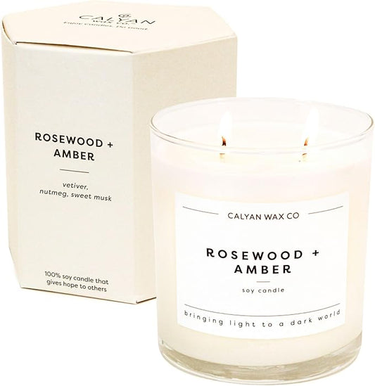 Calyan Wax Co. Rosewood & Amber 2 Wick Scented Candle - 37 Hour Burn - Luxury Non Toxic Soy Wax Candles - Long Lasting Large Glass Jar Candle for Home - 8.8oz