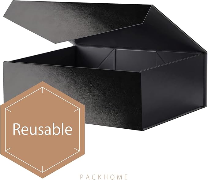 PACKHOME Large Gift Box with Lid 13.5x9x4.1 Inches, Sturdy Collapsible Gift Box with Magnetic Closure (Glossy Black, Grass Texture)