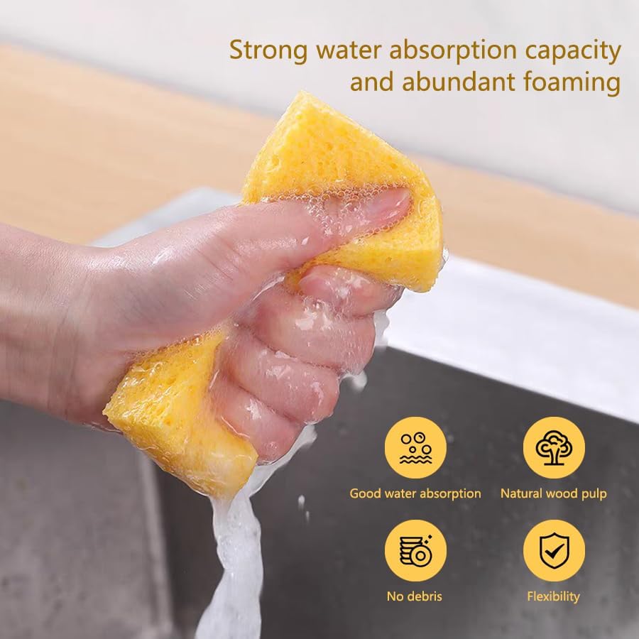 Kaufibre Heavy Duty Cellulose Kitchen Sponges - Scratch-Free Super Absorbent for Dishes, Cast Iron Pans & Cookware, Reusable Multi-Surface Easy Rinse 3-Pack - Image 4