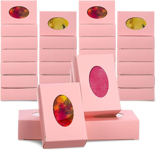 TaoBary 100 Pcs Soap Boxes for Homemade, 3 x 3 x 1.2 Inch Small Paper Gift Packaging Boxes with Window, Gift Wrappers for Soap Packaging Making Party Favor(Oval, Pink)
