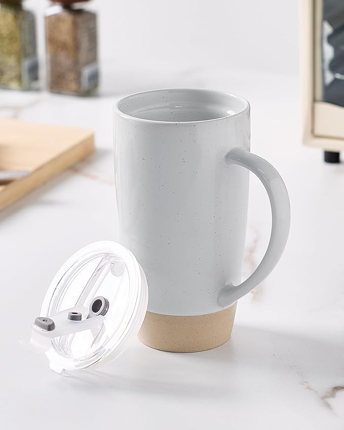famiware Milkyway Coffee Mugs, 20oz Large Coffee Mug, Ceramic Mug Set of 2 with Lid, Cup Set with Handle for Latte, Tea, Cocoa, Milk, Home & Office, Light Gray and Dark Gray