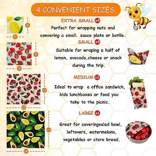 Reusable Beeswax Wrap, 11 Pack Eco-Friendly Beeswax Wraps For Food, Organic, Sustainable, Biodegradable, Zero Waste, Plastic-Free Food Storage, 1L Avocado, 2M Cherry, 4S Strawberry, 4XS Lemon Patterns - Image 3