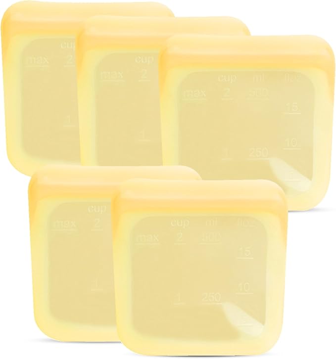 purifyou Set of 5 Reusable Silicone Storage Snack Bags 6oz / 16oz / 32oz / 64oz Self-Seal Food Storage Container for Fruits, Vegetables, Sandwiches, Dishwasher Safe & Leak-free (PastelYellow, 16oz)