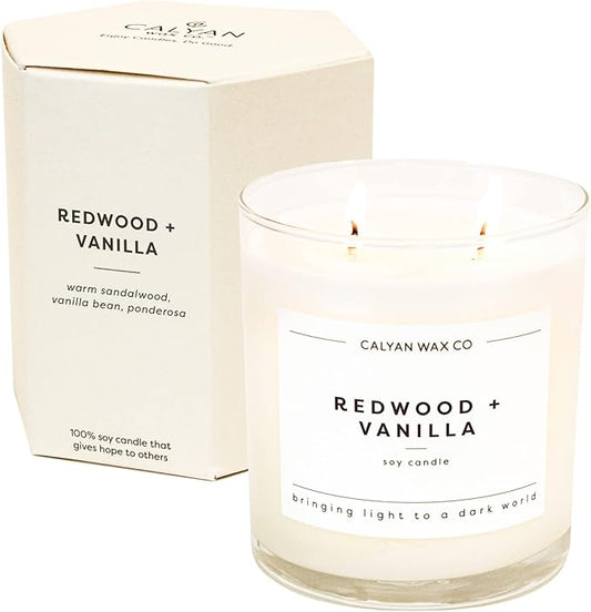 Calyan Wax Co. Redwood & Vanilla 2 Wick Scented Candle - 37 Hour Burn - Luxury Non Toxic Soy Wax Candles - Long Lasting Large Glass Jar Candle for Home - 8.8oz