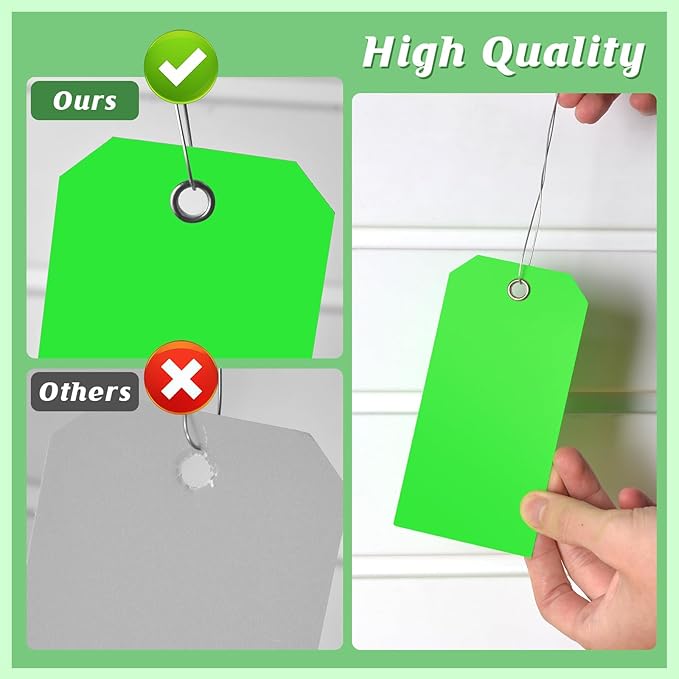 200 PCS 4 3/4" x 2 3/8" Neon Color Shipping Tags with Wire Paper Heavy Duty Hang Tags with Reinforcement Holes Writable Luggage Tag with String Durable Marking Tags (Neon Green, 4 3/4" x 2 3/8")