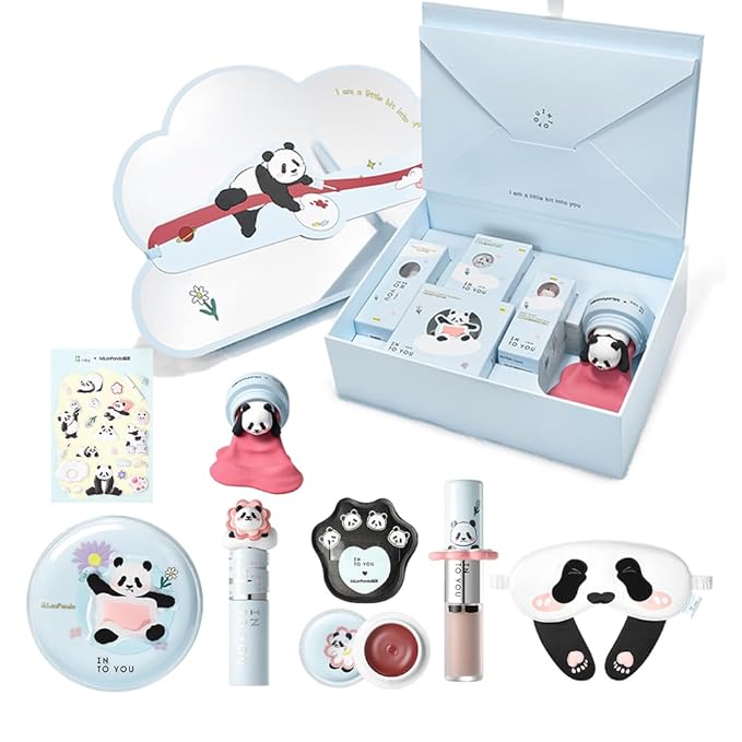 INTO YOU x M.Lan Panda The Color Mixer Set Limited Edition - 7 pieces Makeup Box Sets, Matte Lipstick + Canned Lip Mud + Blush & Highlight Duo + Cushion Foundation + Gift Bundle, M01 Set