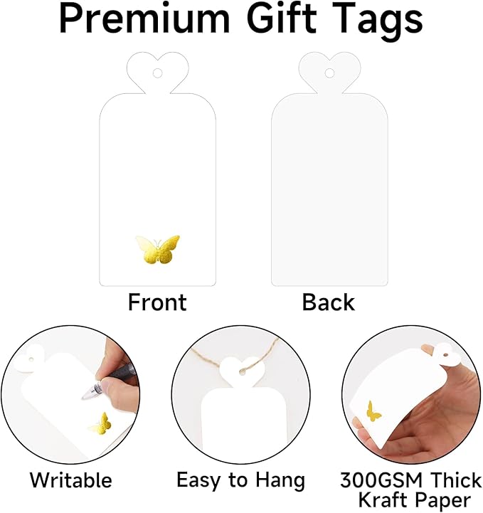 joycraft 100Pcs Gift Tags with String, 4x2 in Blank Tags with Gold Foil Butterfly, White Paper Labels for Birthday, Wedding, Baby Shower, Christmas