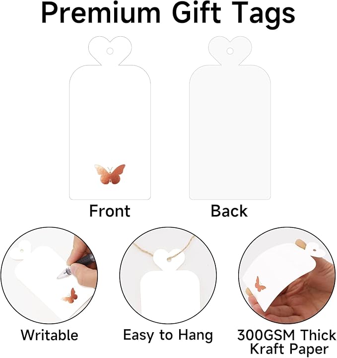joycraft 100Pcs Gift Tags with String, 4x2 in Blank Tags with Rose Gold Foil Butterfly, White Paper Labels for Birthday, Wedding, Baby Shower, Christmas