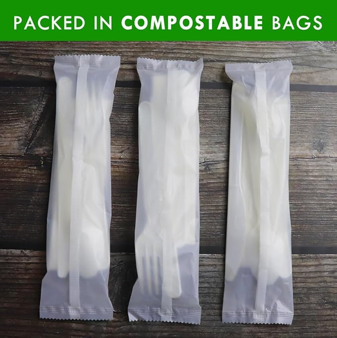 GreenWorks 7" Heavy-duty Compostable Cutlery Kits, BPI Certified, 200 Sets (Fork, Spoon,Knife,Napkin 4 in 1) Individually Wrapped With Compostable Bags，Alternative to Plastic Disposable Utensils