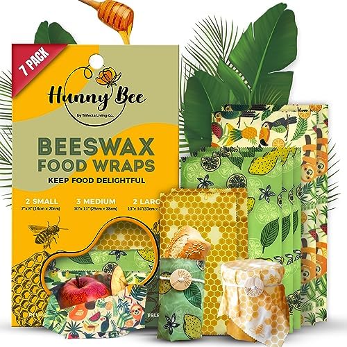 Trifecta Living Co. Versatile Beeswax Wraps,Set of 7-Fresh Food Keeper, Durable & Easily Cleaned, Sustainable Step Towards a Zero-Waste Kitchen, Unique Designs (Honeycomb, Lemon, Tropical Animals) by TrifectaLivingCo