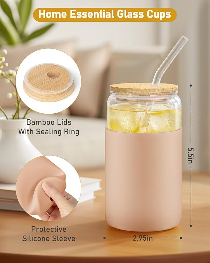Glass Cups with Lids and Straws, 2 Pack 16OZ Iced Coffee Cups with Silicone Sleeve, Glass Tumbler with Straw and Bamboo Lid, Home Essential Drinking Set for Juice, Cocktail and Latte Black&Khaki