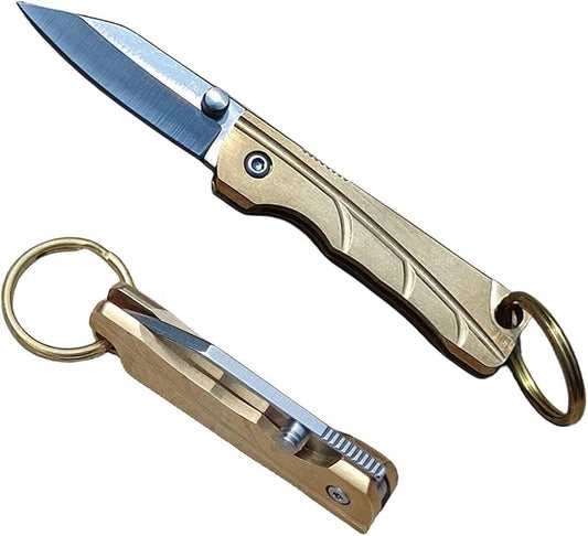 Small Keychain Knife,Mini Folding Pocket Knife,Brass Handle, Stainless Steel Blade, EDC Box Cutter,Small Gift for Women Men