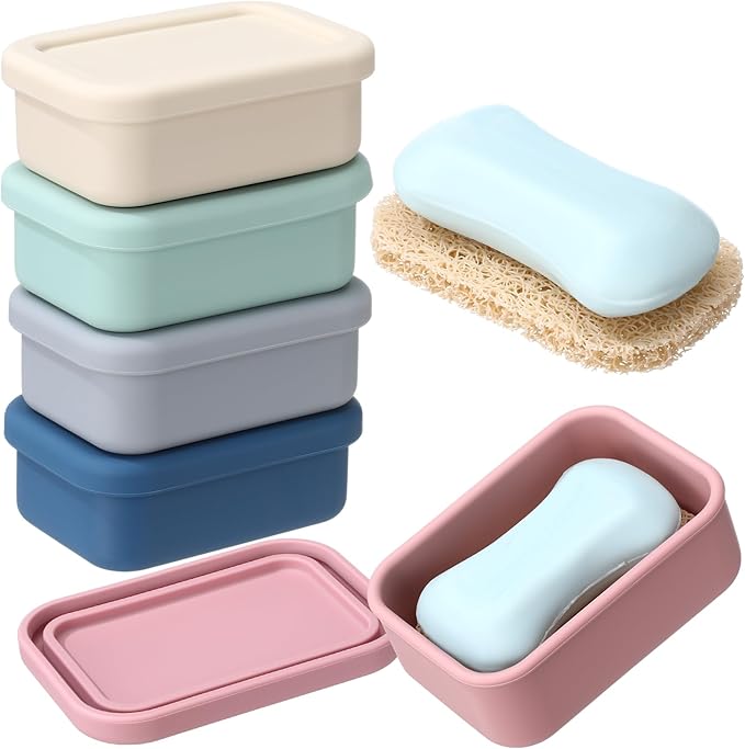 Honeydak 5 Pcs Silicone Travel Soap Case Container Leak Proof Bar Soap Box Holder Dishes with Draining Layer for Traveling, Camping, Gym, Bathroom, 4.7 x 3.3 x 1.7 Inches