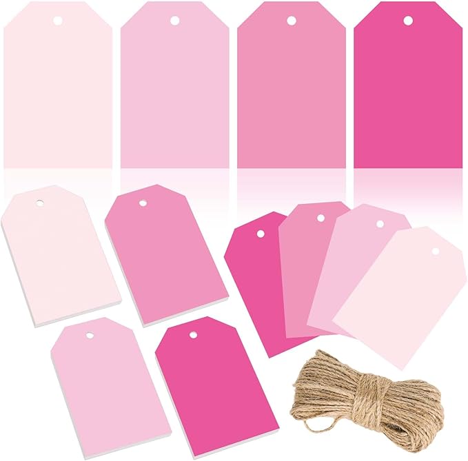 Whaline 120Pcs Pink Theme Gift Tags 4 Colors Gradient Pink Hanging Labels with Hemp Rope Bulk Colorful Blank Paper Tags for Birthday Wedding Holiday Baby Shower DIY Art Craft Supplies