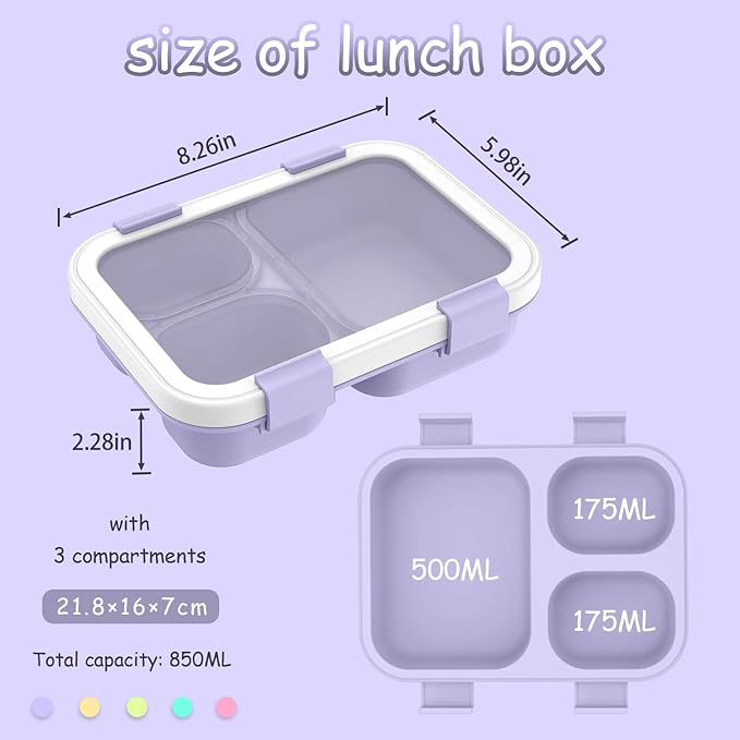 2 Pack Bento Lunch Box, Bento Box for Adults,29oz with 3 Compartments lunch box, for Trvael (Blue & Purple)