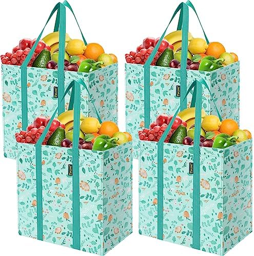 BALEINE 4 PK Grocery Bags Reusable Shopping Bags with Reinforced Bottom, Heavy Duty Foldable Tote Bags (Spring Stroll) by BALEINE