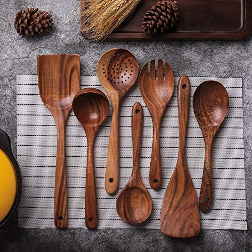 Wooden Non-Stick Kitchen Pan Toolset 7 Pieces Set, Natural Kitchen Utensils Spatula, Wooden Cooking Utensils Spoons, Fried Spatula and Salad Fork - Image 5
