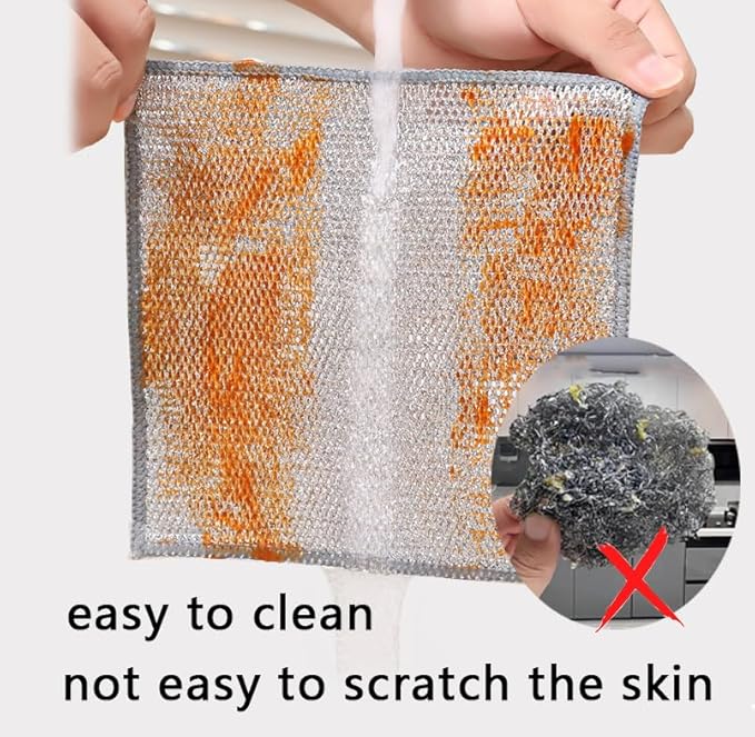 10 Counts Non Scratch Wire Dishcloth Multipurpose Wire Dishwashing Rag for Wet and Dry Use, Metal Scrubbers for Cleaning Dishes, Dual-Sided 2-Layer Kitchen Cleaning Cloth with Mesh, Mesh Dish Cloth