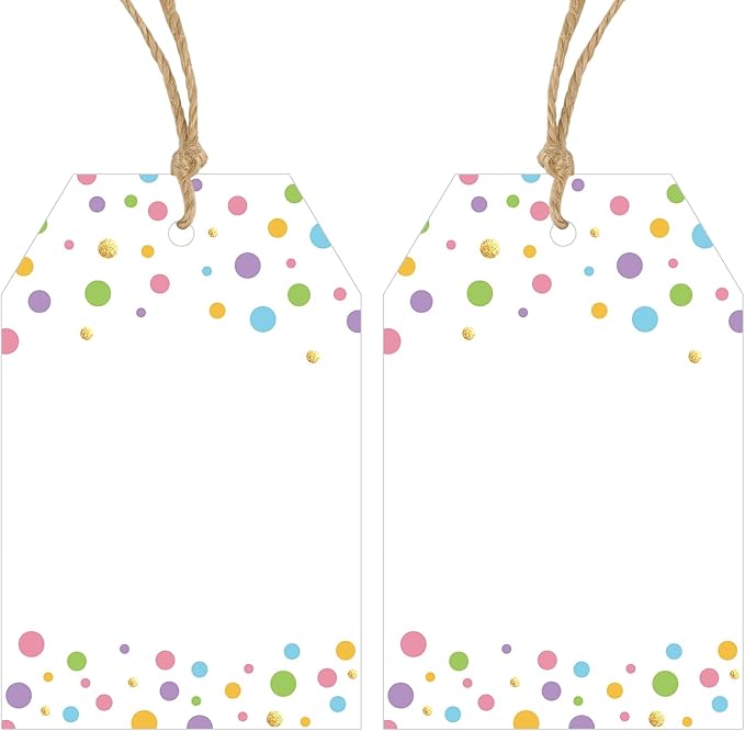 Anwyll Gift Tags with String - 100Pcs Colorful Confetti Polka Dot Gift Bag Tags Personalized White Blank Hanging Paper Label Tag for Birthday Party Bridal Shower Wedding Spring Easter Favors Present