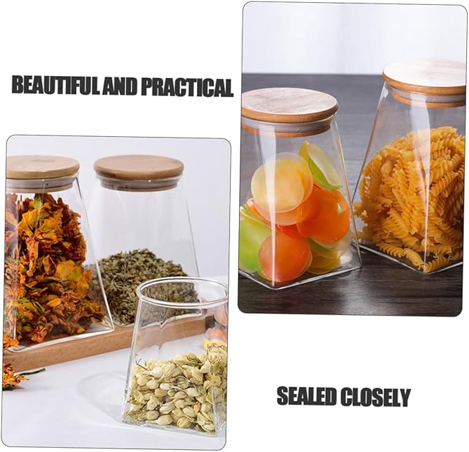 2 Pcs Transparent Glass Storage Jars with Wooden Lids Airtight Tea Canisters Kitchen Containers for Cereals Snacks Pantry Organization and Fresh Food Storage