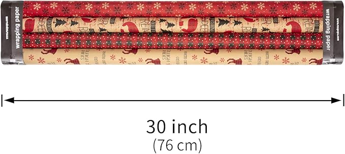 RUSPEPA Christmas Wrapping Paper, Kraft Paper - Red and Black Christmas Designs - 4 Rolls - 30 inches x 10 feet per Roll