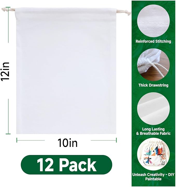 Simple&Opulence 12-Pack 10” x 12” Linen Cotton Drawstring Bags Reusable Grocery Sacks, DIY Craft Sachet Sacks Storage Cloth Bags for Party Wedding Home Bulk Produce Bags, Washable, White