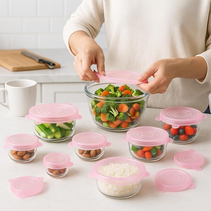 Silicone Stretch Lids Pink (6 Pack) Reusable Airtight Food Covers for Bowls, Containers & Fruits |Elastic BPA-Free Stretchable Lids | Microwave, Freezer & Dishwasher Safe | Plastic Wrap Alternative