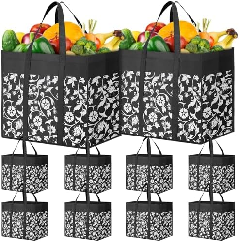 Reusable Grocery Bags Foldable Tote Bags bulk Shopping Bags 10-Pack, Black by WOWBOX
