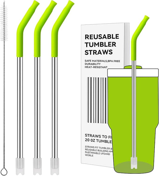 Reusable Metal Straws with Silicone Tip for Stanley 20oz,Stainless Steel Drinking Straws for 20oz Tumbler,3 Straight Tubes & 6 Tips& 1 Cleanr Brush(Bright Lime)