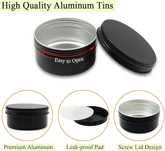 4pack 200ml Aluminum Tin, 200 Gram Black Empty Travel Cosmetic Sample Containers with Screw Cap Lid, 200g Metal Tins Can Storage Travel Jars for DIY Crafts, Lip Balms, Face Cream, Candle, Tea