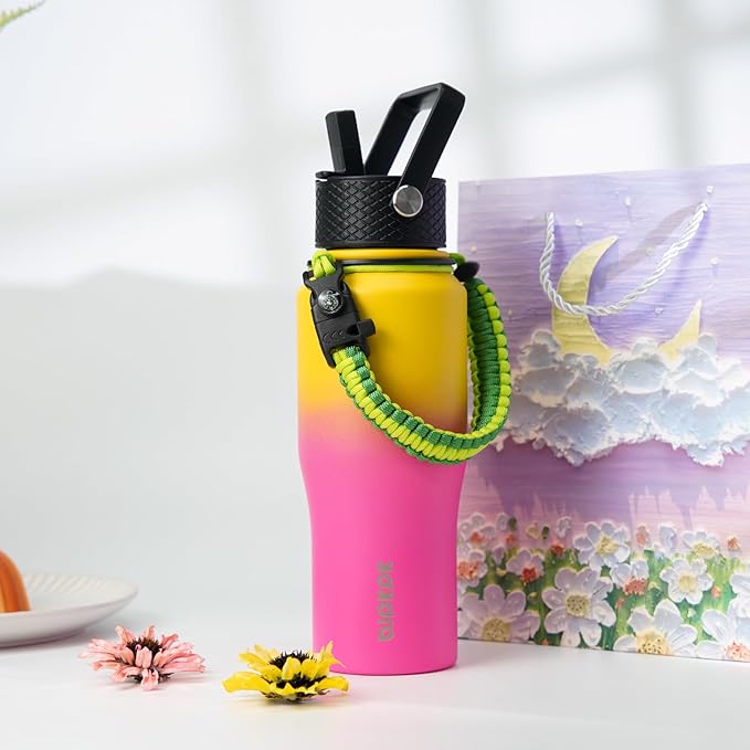 BJPKPK Insulated Water Bottles with Straw Lid, 23oz Metal Water Bottle with 2 lids & Paracord Strap, Double Wall Stainless Steel Vacuum Tumblers, Cups,Thermo for Hot& Cold Drinks, Pink & Yellow Rose