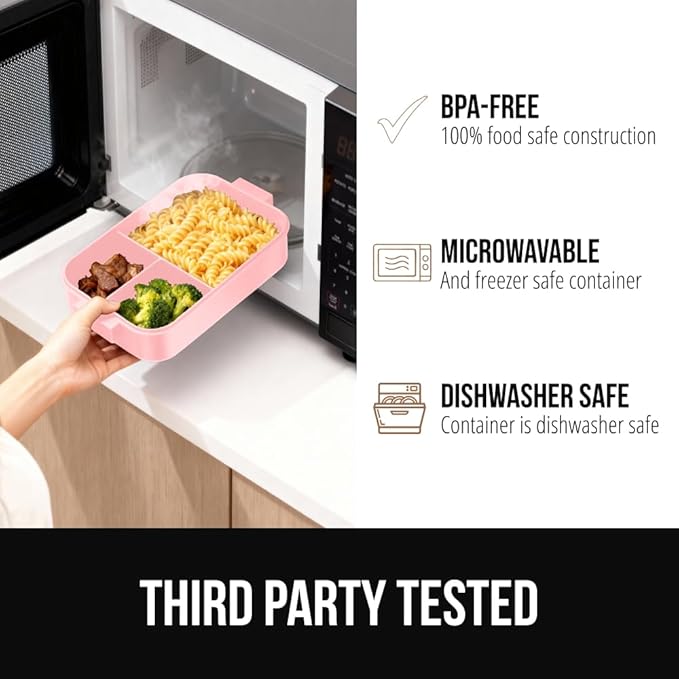 GORILLA GRIP BPA-Free Leakproof 5-Compartment Bento Lunch Box for Adults, Kids, Holds 10 Cups, Microwave Safe Hot and Cold Food Containers, Easy to Carry Lid Includes Built-In Utensils Set, Pink