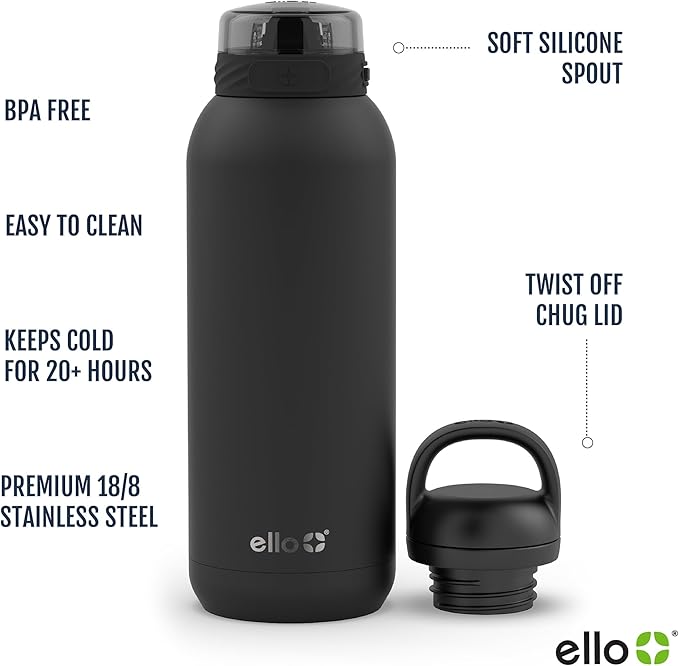 Ello Cooper 40oz Stainless Steel Water Bottle with 2 Lids Chug and Straw | Leak Proof | Double Walled and Vacuum Insulated | Built in Carry Loop | Dishwasher Safe | Cashmere Pink
