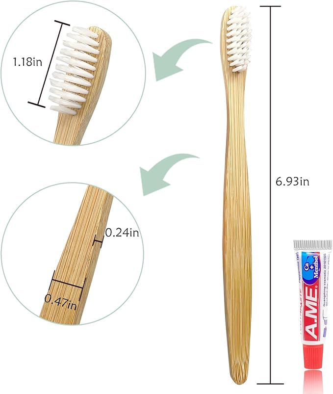 DincherBel Bamboo Toothbrushes Kit Bulk, Disposable Toothbrushes with Toothpaste(6g), Individually Wrapped Toiletries Amenities for Hotel, Airbnb, Homeless, Shelter, Camping and Travel (100 Pack)
