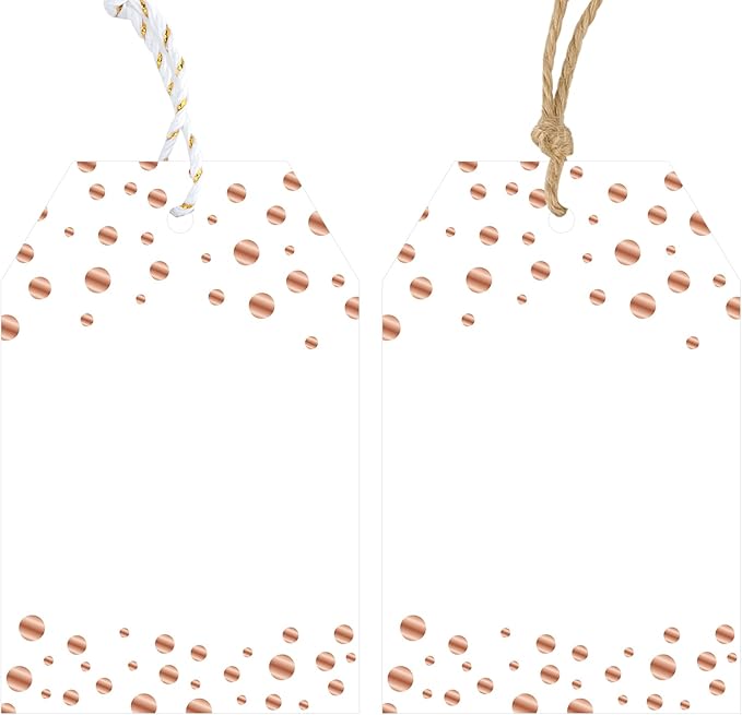 Anwyll Gift Tags with String - 100Pcs Rose Gold Foil Confetti Polka Dot Gift Bag Tags Personalized White Blank Hanging Paper Label Tag for Birthday Party Bridal Shower Wedding Christmas Favors Present
