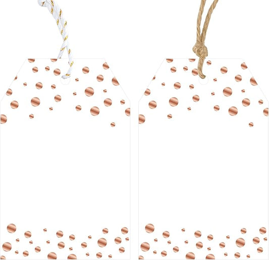 Anwyll Gift Tags with String - 100Pcs Rose Gold Foil Confetti Polka Dot Gift Bag Tags Personalized White Blank Hanging Paper Label Tag for Birthday Party Bridal Shower Wedding Christmas Favors Present