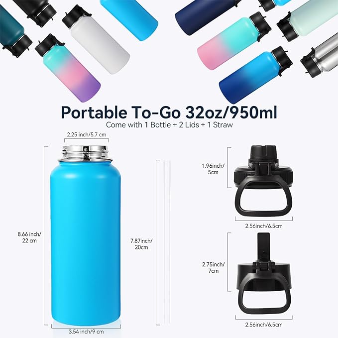 Neihepal 32 oz Insulated Water Bottles Bulk with 2 Lids (Straw & Spout Lid), Stainless Steel Double Wall Water Bottle, Keeps Cold 24H & Hot 12H (Blue,4 Pack)
