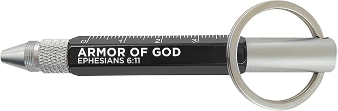 5-in-1 Mini Multitool Pen - Armor of God, Eph 6:11 Scripture - Dual Sided Mini Tool Keychain w/Ball Point Pen, Cm Ruler, Screwdriver Bits & More - Christian Pocket Tools For Men