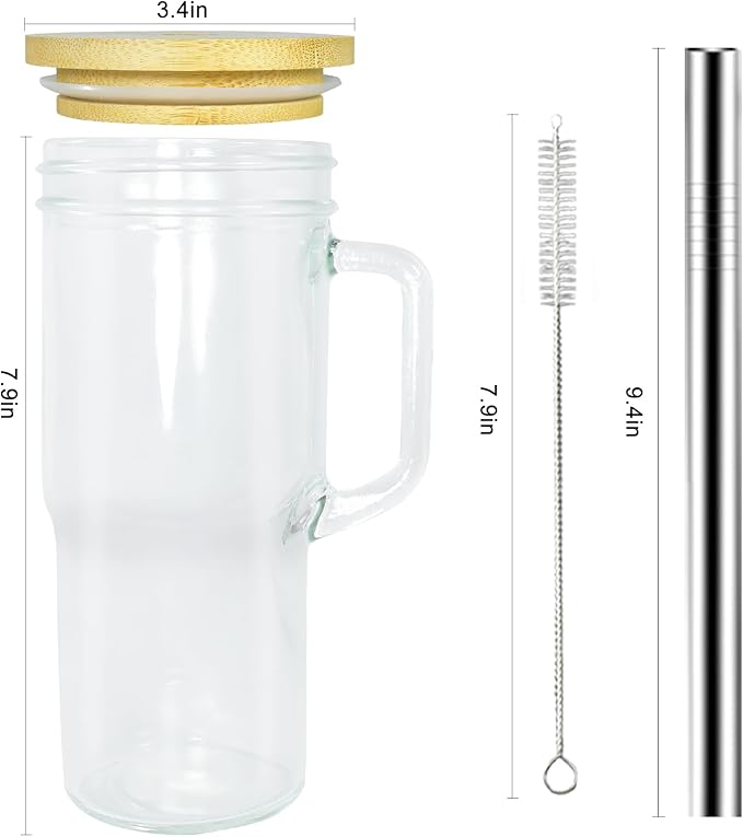 2Pcs Glass Cups with Lids and Straws, 24oz Mason Jar Iced Coffee Cup Drinking Jars Glasses Tumbler with Handle Bamboo Lids Wide Mouth Travel Mug for Bubble Tea, Iced Coffee, Smoothie, Beer