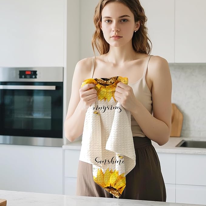 2Pcs Sunflower Kitchen Towels 24x14 Inch, Sunshine Bee Decor Hand Towels for Kitchen Farmhouse Decor, Durable Absorbent Dish Cloth Tea Towel, Sunflower Gifts for Women Mom Grandma, Bless Our Home