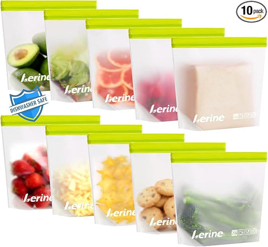 Lerine 10 Pack Stand-Up Reusable Sandwich Bags, Dishwasher Safe Leakproof Food Storage Bags, BPA Free Reusable Freezer Bags for Meal Prep,Sandwich,Home Organization (Green)