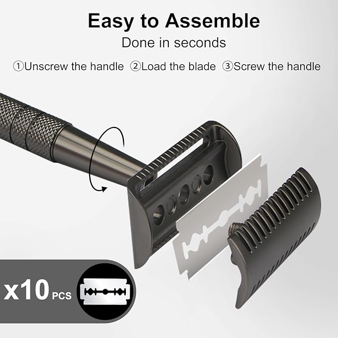 Double Edge Safety Razor with 10 Blades and Stand, Single Blade Razors for Men and Women, Long and Heavy Duty Stainless Steel Handle, Smooth Close Gentle Shave, Black