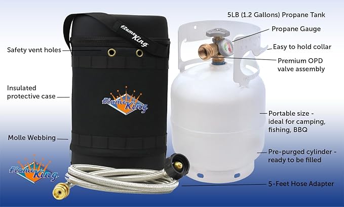 Flame King Gas Hauler Pro Kit - Insulated Protective Carry Case, 5LB Propane Tank with Built-in Gauge and 5-FT Adapter Hose for Camping and Outdoor Adventures