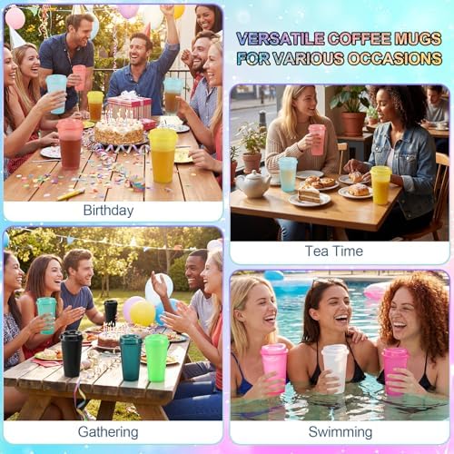 Honeydak 45 Pack 16 oz Reusable Coffee Cups with Lids Water Bottle Iced Coffee Travel Mug Portable Plastic Tea Tumblers Bulk for Hot and Cold Drinks Birthdays Party (Fluorescent Color,Stylish) - Image 6