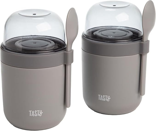 Tasty Travel Snack Cups with Spoons, On-The-Go Snacking, Divided Compartments, Great for Nuts, Cereal, Granola, Yogurt and More, Made Without BPA, 2-Pack, Gray