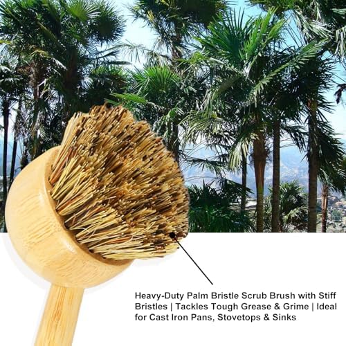 2 Pack Natural Kitchen Dish Brushes with Sisal & Palm Bristles, Long Bamboo Handle Scrubber for Dishes, Cast Iron Pans Pots and Vegetable Cleaning - Image 4