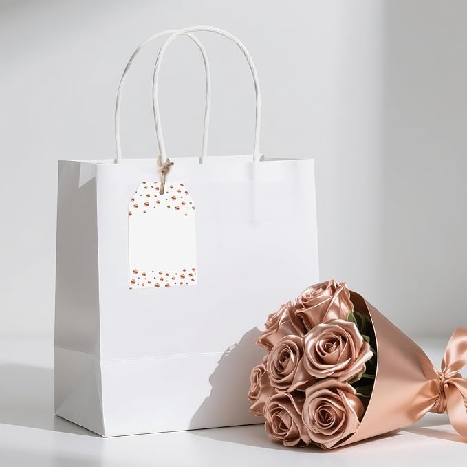 Anwyll Gift Tags with String - 100Pcs Rose Gold Foil Confetti Polka Dot Gift Bag Tags Personalized White Blank Hanging Paper Label Tag for Birthday Party Bridal Shower Wedding Christmas Favors Present
