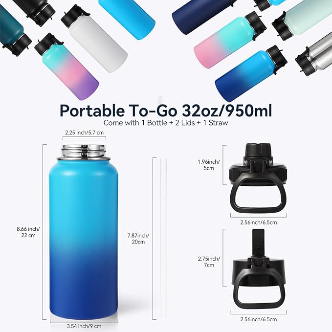 Neihepal 32 oz Insulated Water Bottle with 2 Lids (Straw & Spout Lid), 18/8 Stainless Steel Double Wall Water Bottles for Gym, Travel, Camping, Sports (Green Blue,1Pack)