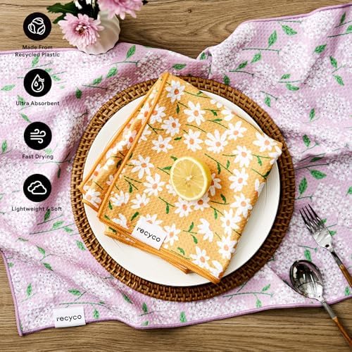 RECYCO Waffle Kitchen Towel Set of 2 - Quick Dry Microfiber Sustainable Dish Towels - Ultra Absorbent Reusable Cleaning Tea Towels - Lightweight Hand Towels,16”x 28”, Matisse Floral - Image 3